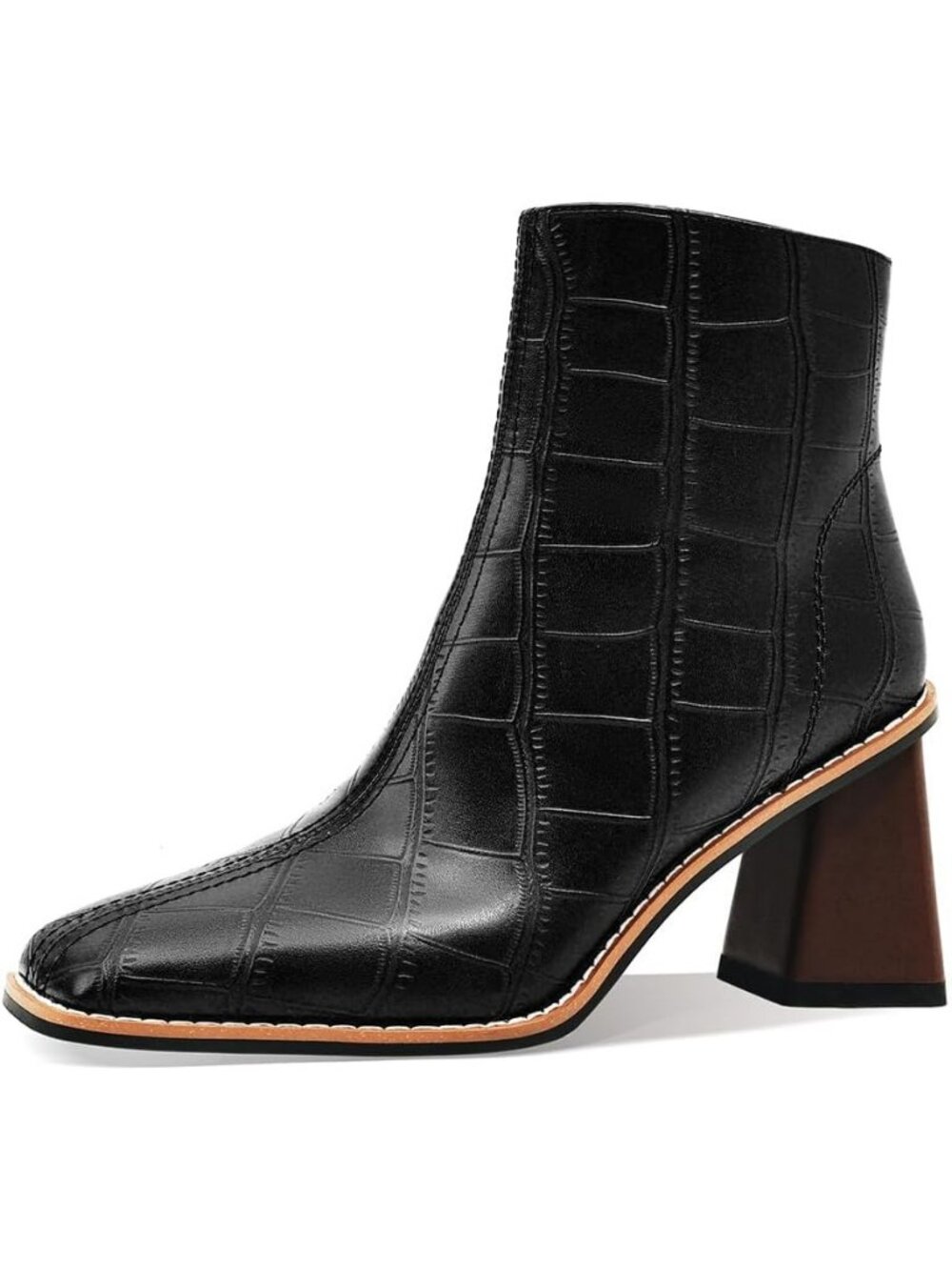 Women's Black Faux Leather Pointed Toe Chunky Mid Heel Side Zipper Ankle Boots